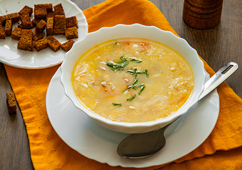 Cheese and ham soup with a side of croutons prepared by Alice Engelbrink in Houston Texas